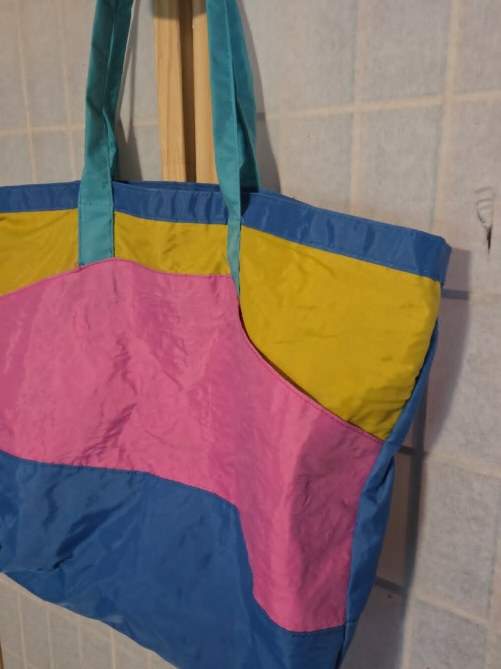 VTG 80s Neon Colorblock Nylon Tote Bag | Retro Beach Gym Travel Shoulder Bag